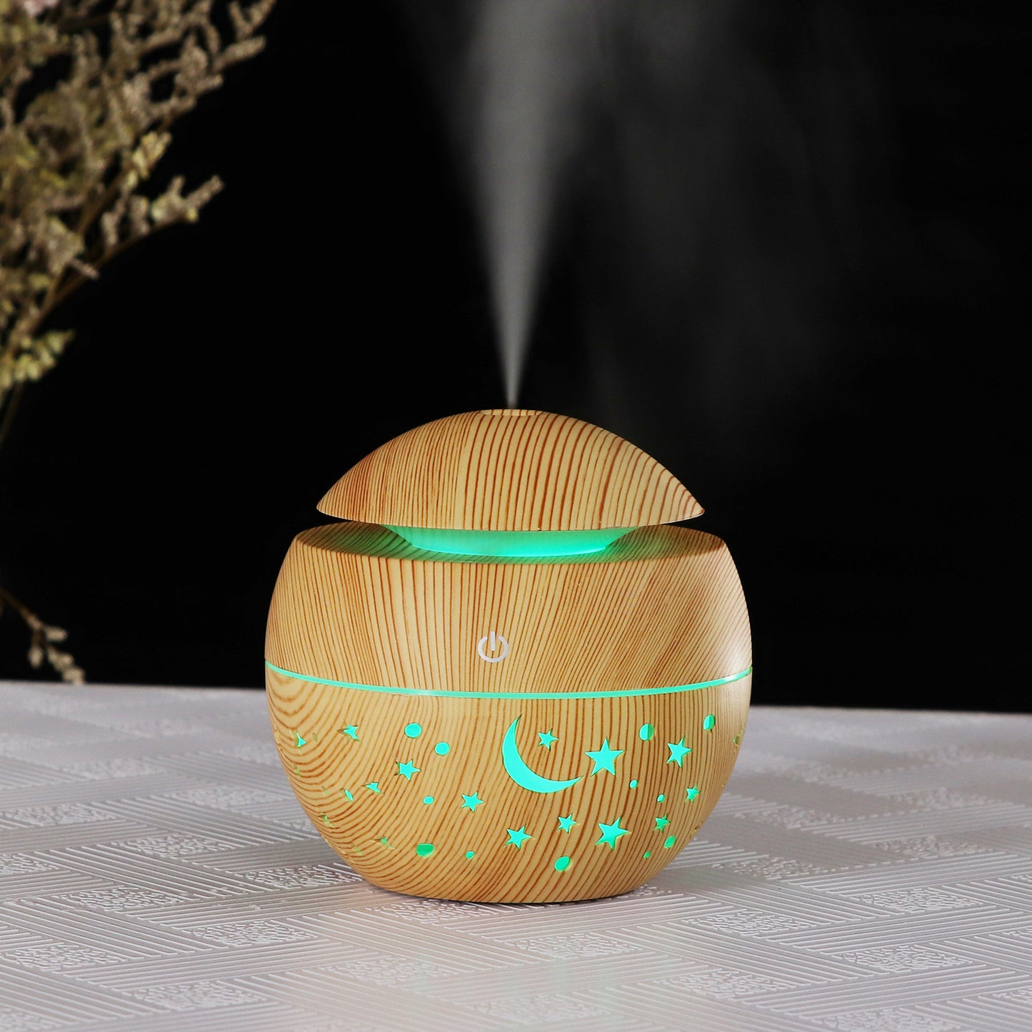 Starry Wood Grain Hollow Star Moon Humidifier - Mini Portable Aroma Diffuser with Colorful Light