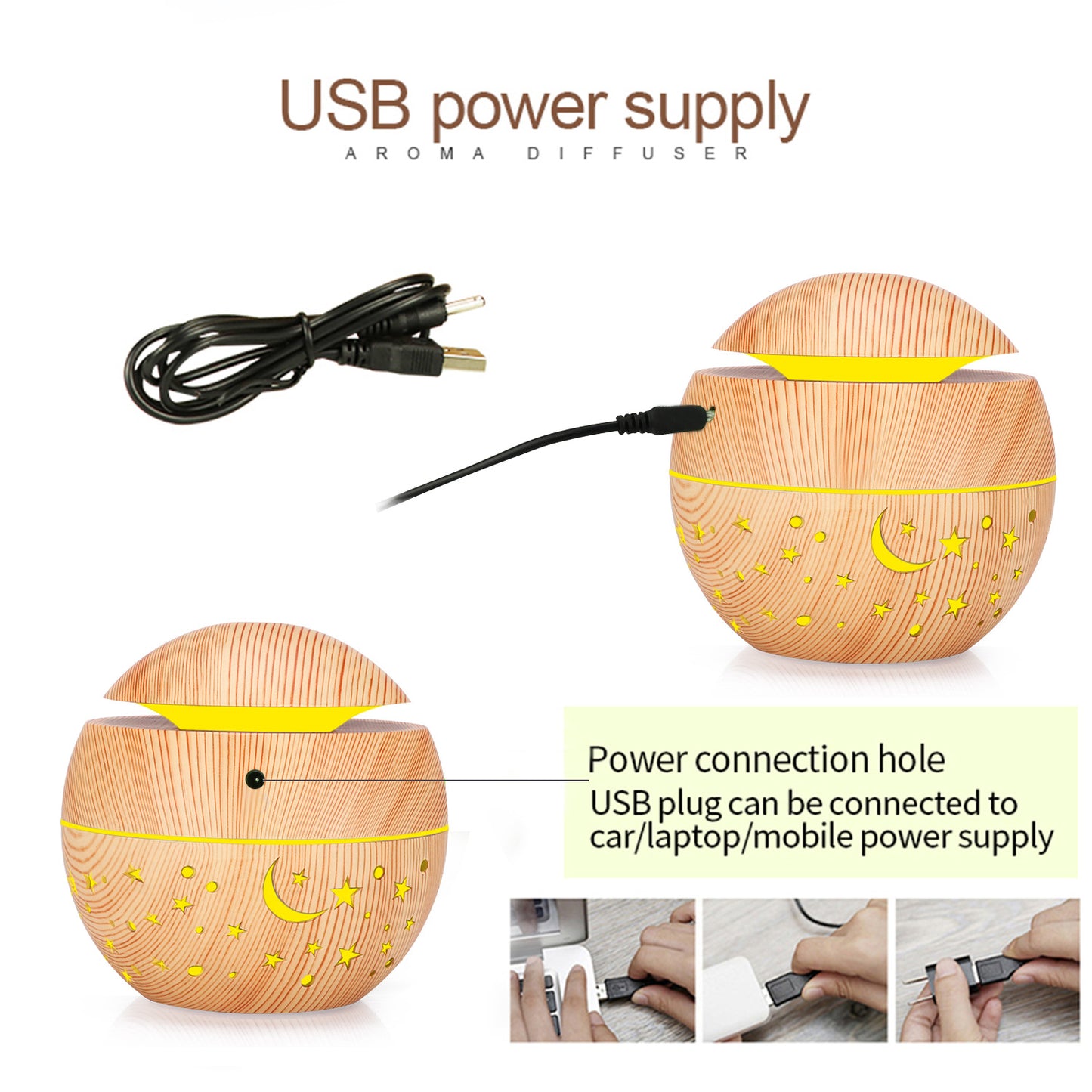 Starry Wood Grain Hollow Star Moon Humidifier - Mini Portable Aroma Diffuser with Colorful Light