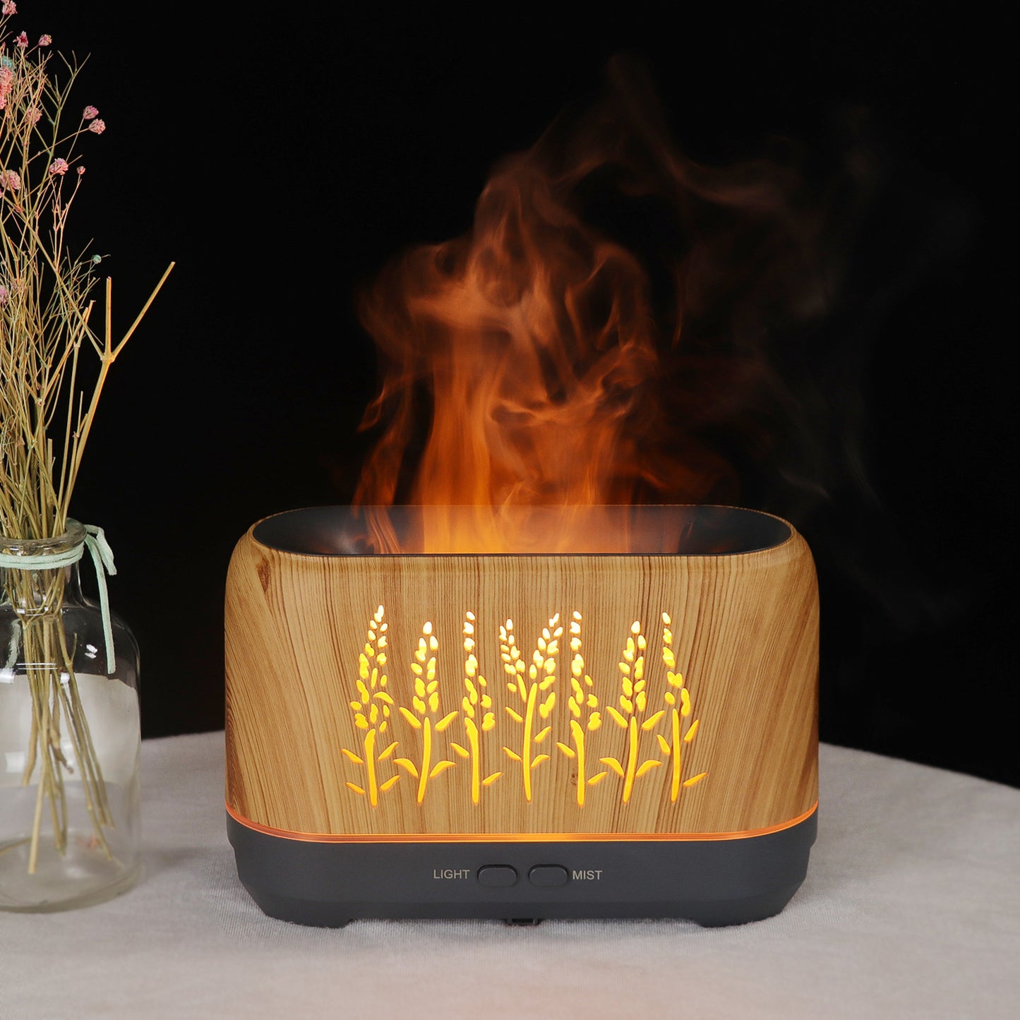 200ml Wood Grain Aroma Diffuser - Hollow Heartbeat Flame Humidifier