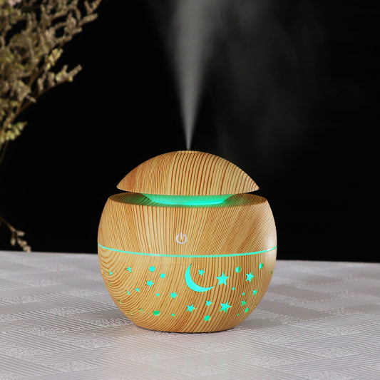 Starry Wood Grain Hollow Star Moon Humidifier - Mini Portable Aroma Diffuser with Colorful Light