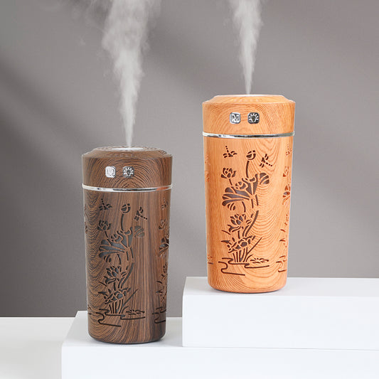 Wood Grain Lotus Cup Mini USB Aromatherapy Humidifier with Night Light