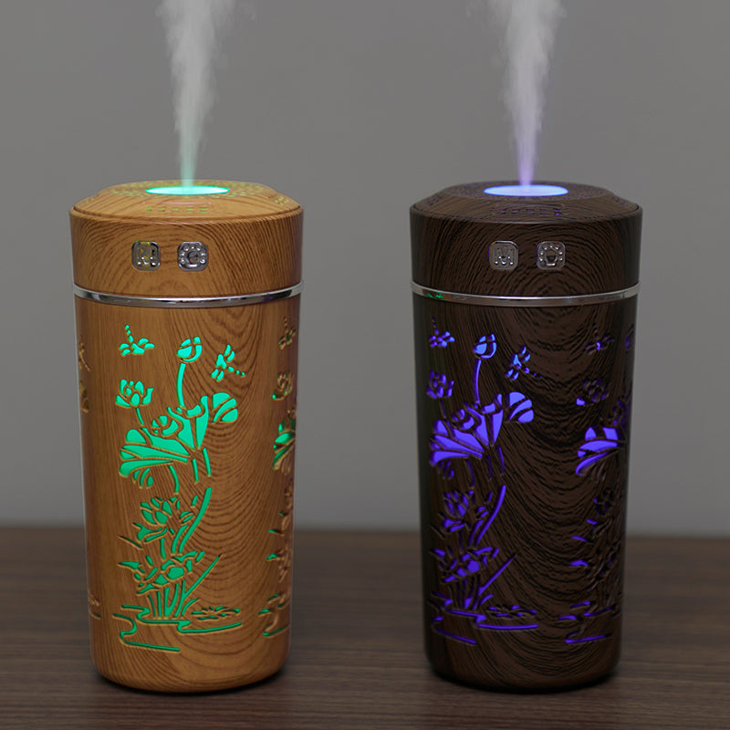 Wood Grain Lotus Cup Mini USB Aromatherapy Humidifier with Night Light