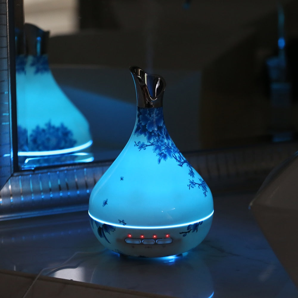 Blue and White Porcelain Essential Oil Diffuser – 300ml Aroma Humidifier with 7-Color LED Light