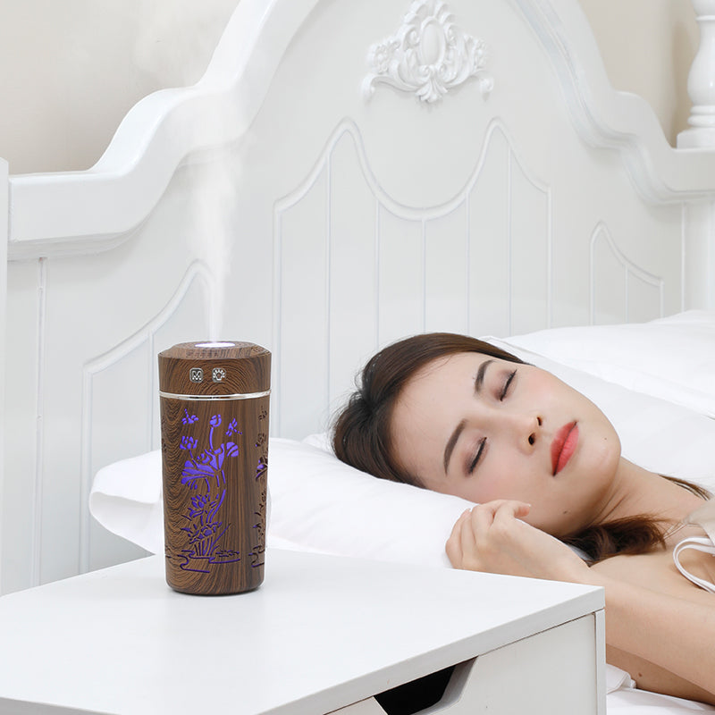 Wood Grain Lotus Cup Mini USB Aromatherapy Humidifier with Night Light