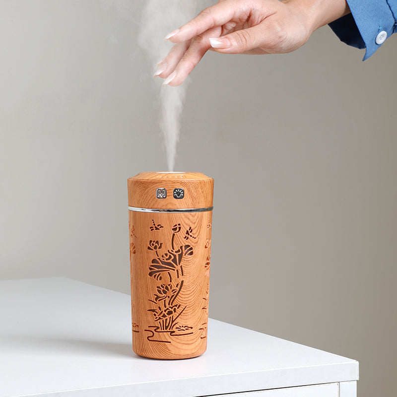 Wood Grain Lotus Cup Mini USB Aromatherapy Humidifier with Night Light