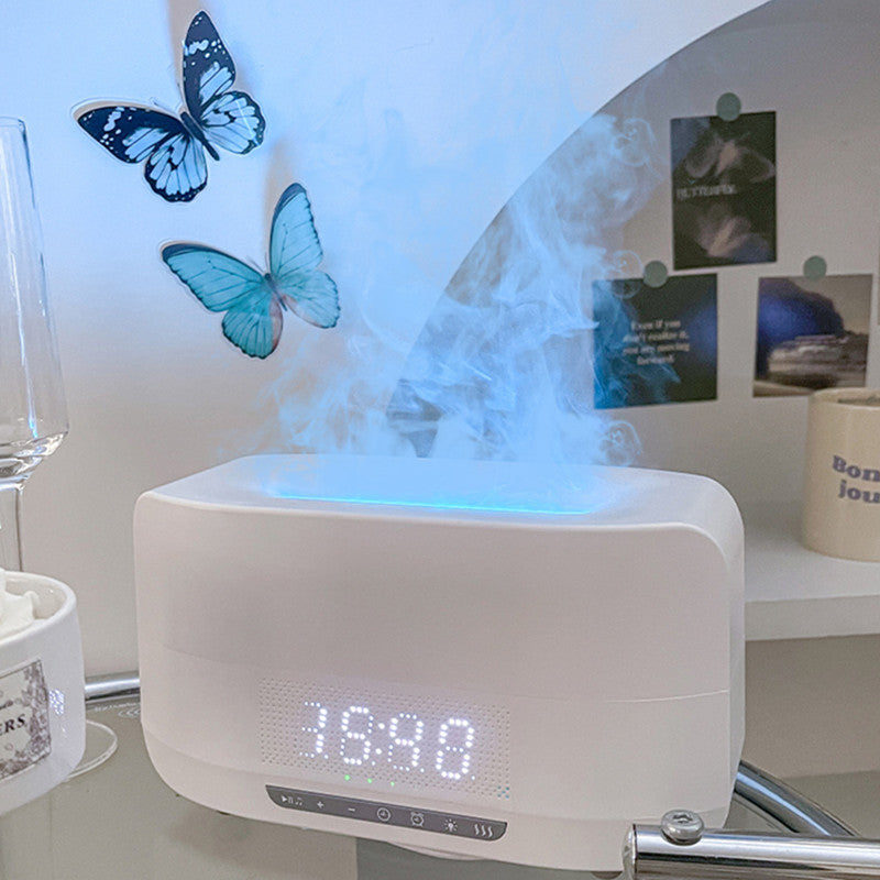 Multifunctional Atmosphere Light Sleep Wireless Bluetooth Speaker Flame Humidifier Aromatherapy Machine with Digital Display Clock