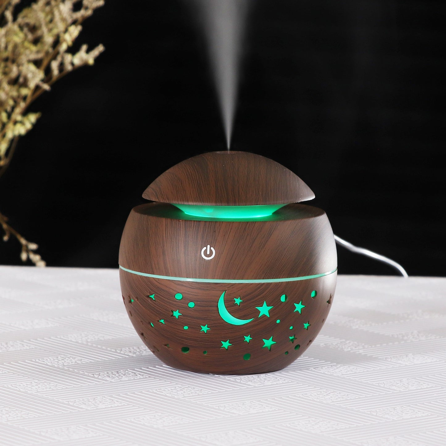 Starry Wood Grain Hollow Star Moon Humidifier - Mini Portable Aroma Diffuser with Colorful Light