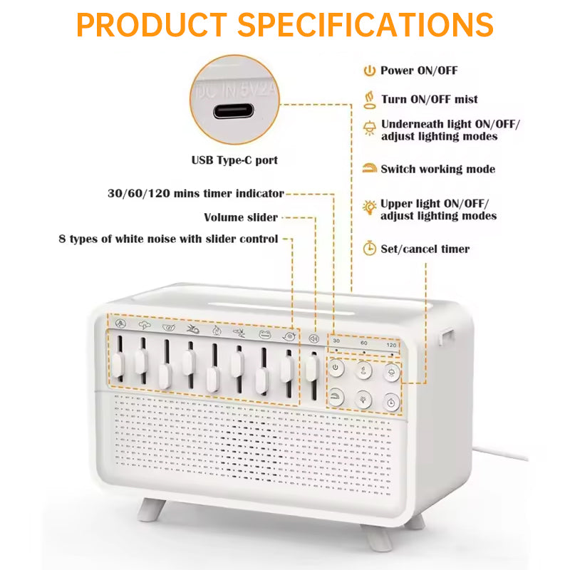 8-Adjustable White Noise Air Aroma Diffuser with Night Light and Bluetooth Speaker