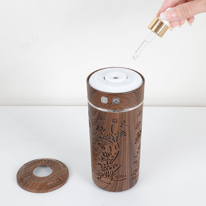 Wood Grain Lotus Cup Mini USB Aromatherapy Humidifier with Night Light