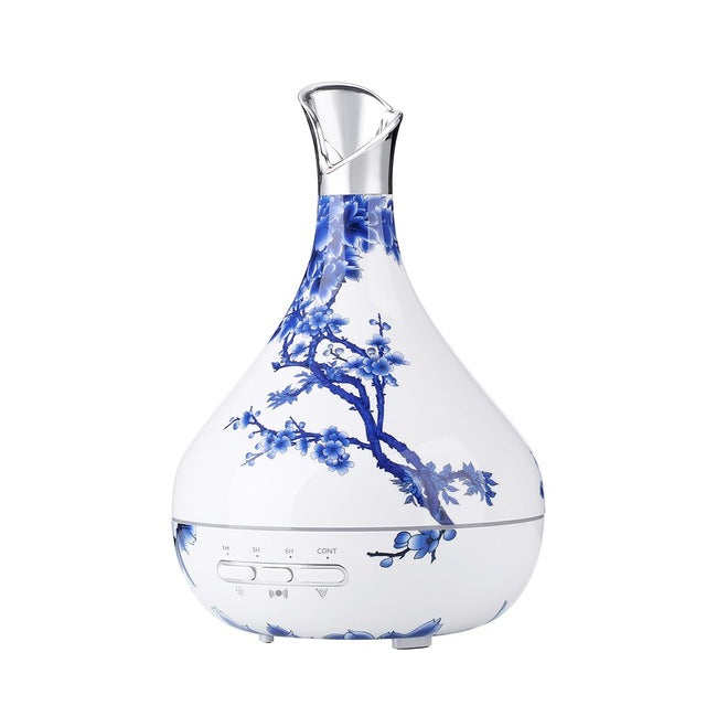 Blue and White Porcelain Essential Oil Diffuser – 300ml Aroma Humidifier with 7-Color LED Light