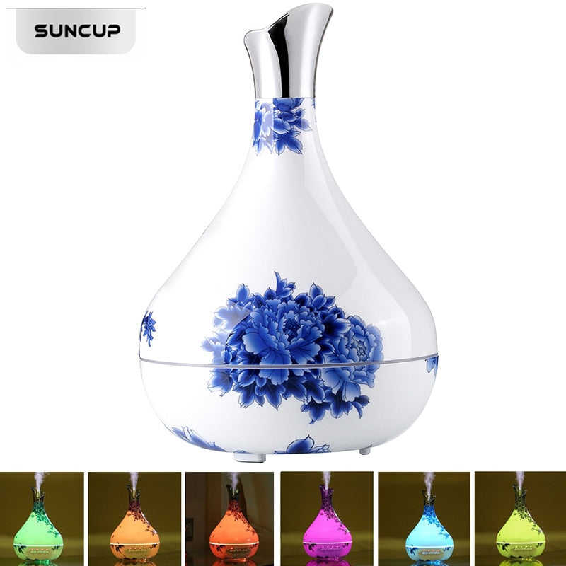 Blue and White Porcelain Essential Oil Diffuser – 300ml Aroma Humidifier with 7-Color LED Light