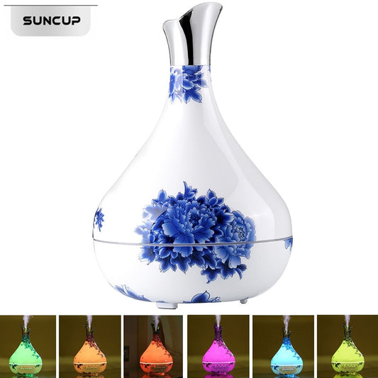 Blue and White Porcelain Essential Oil Diffuser – 300ml Aroma Humidifier with 7-Color LED Light