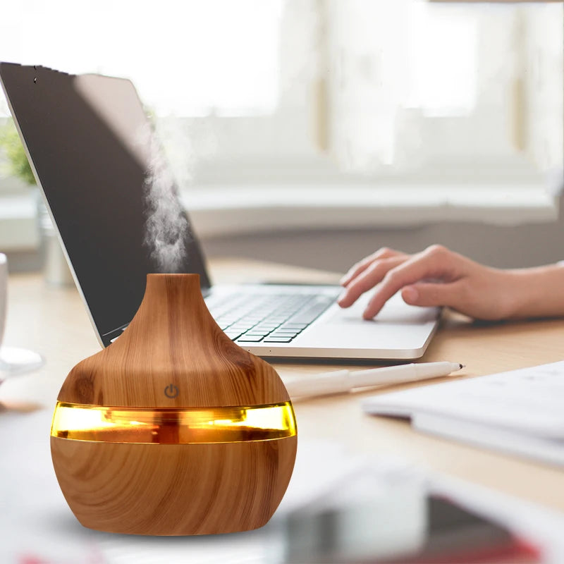 Electric Humidifier Essential Aroma Oil Diffuser - Ultrasonic Wood Grain USB Mini Mist Maker with LED Light