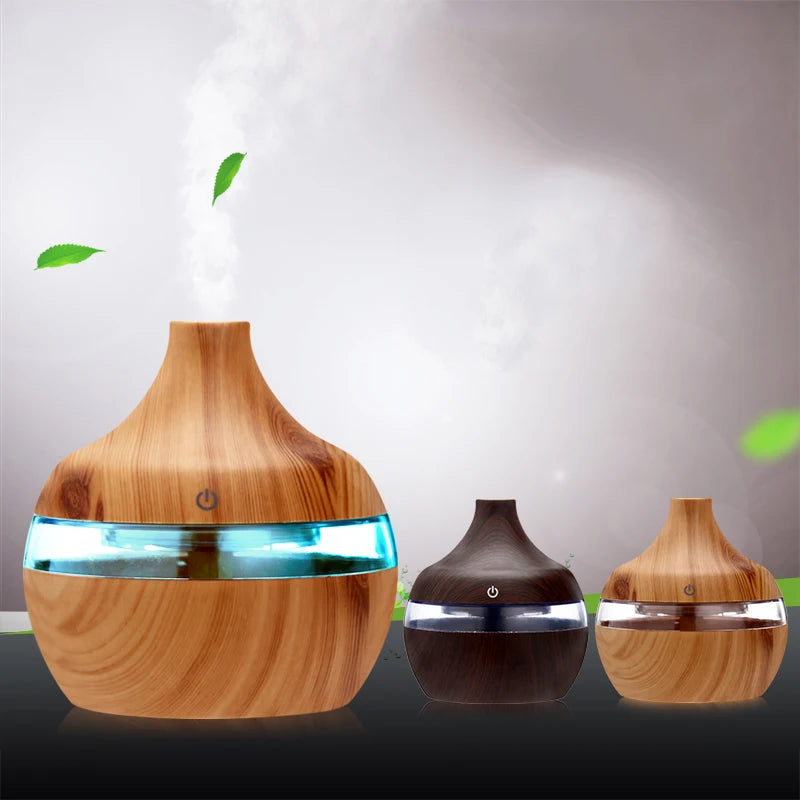 Electric Humidifier Essential Aroma Oil Diffuser - Ultrasonic Wood Grain USB Mini Mist Maker with LED Light