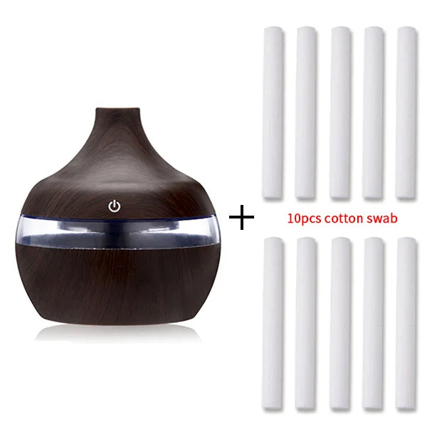 Electric Humidifier Essential Aroma Oil Diffuser - Ultrasonic Wood Grain USB Mini Mist Maker with LED Light